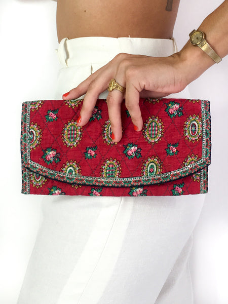 70s vintage dark red quilted "Provençal" clutch/pouch