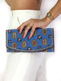 70s vintage blue quilted "Provençal" clutch/pouch